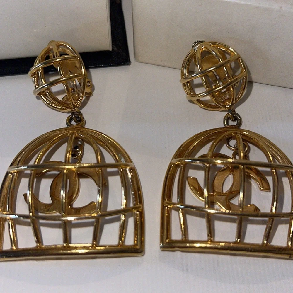 Chanel Large Birdcage 1990’s Gold Earrings with Box CC Vintage Iconic